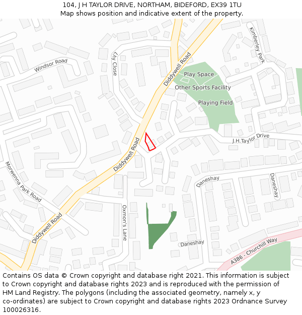 104, J H TAYLOR DRIVE, NORTHAM, BIDEFORD, EX39 1TU: Location map and indicative extent of plot