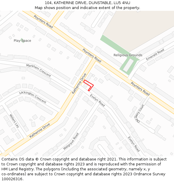 104, KATHERINE DRIVE, DUNSTABLE, LU5 4NU: Location map and indicative extent of plot