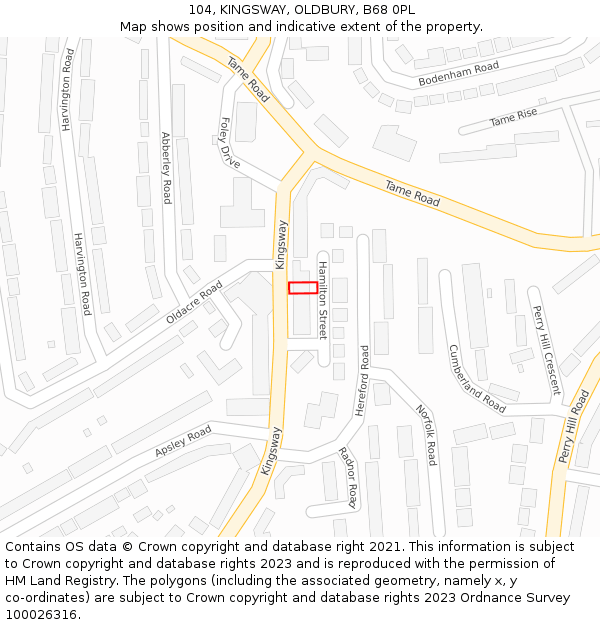 104, KINGSWAY, OLDBURY, B68 0PL: Location map and indicative extent of plot