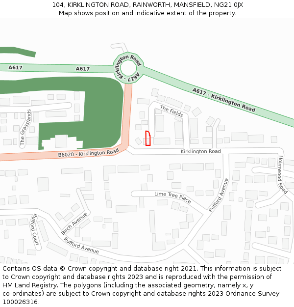 104, KIRKLINGTON ROAD, RAINWORTH, MANSFIELD, NG21 0JX: Location map and indicative extent of plot