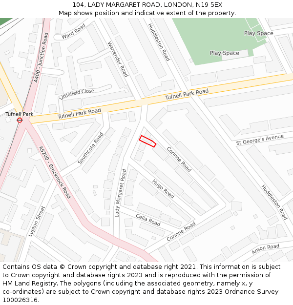 104, LADY MARGARET ROAD, LONDON, N19 5EX: Location map and indicative extent of plot