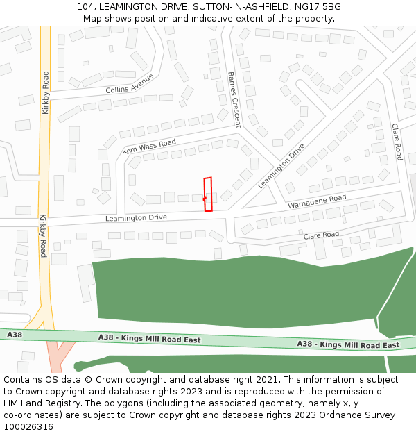 104, LEAMINGTON DRIVE, SUTTON-IN-ASHFIELD, NG17 5BG: Location map and indicative extent of plot