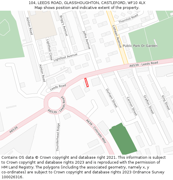 104, LEEDS ROAD, GLASSHOUGHTON, CASTLEFORD, WF10 4LX: Location map and indicative extent of plot