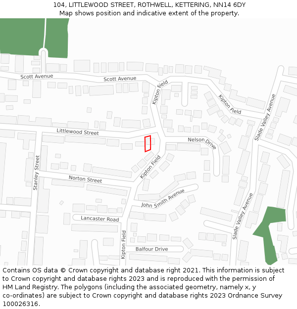 104, LITTLEWOOD STREET, ROTHWELL, KETTERING, NN14 6DY: Location map and indicative extent of plot