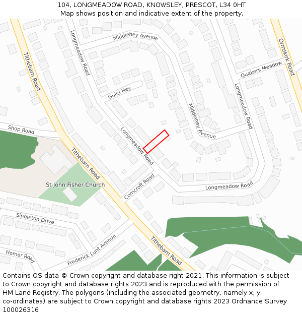 104, LONGMEADOW ROAD, KNOWSLEY, PRESCOT, L34 0HT: Location map and indicative extent of plot