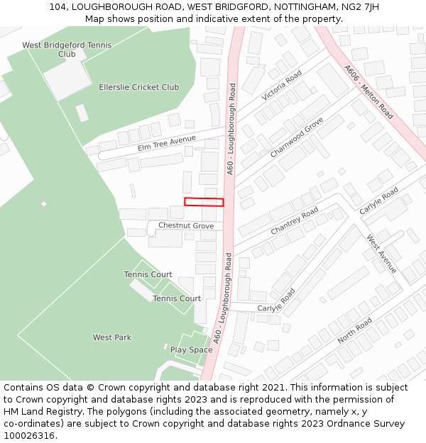 104, LOUGHBOROUGH ROAD, WEST BRIDGFORD, NOTTINGHAM, NG2 7JH: Location map and indicative extent of plot