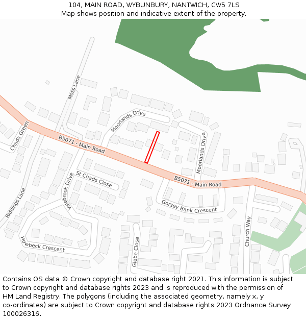 104, MAIN ROAD, WYBUNBURY, NANTWICH, CW5 7LS: Location map and indicative extent of plot