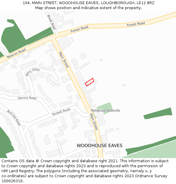 104, MAIN STREET, WOODHOUSE EAVES, LOUGHBOROUGH, LE12 8RZ: Location map and indicative extent of plot