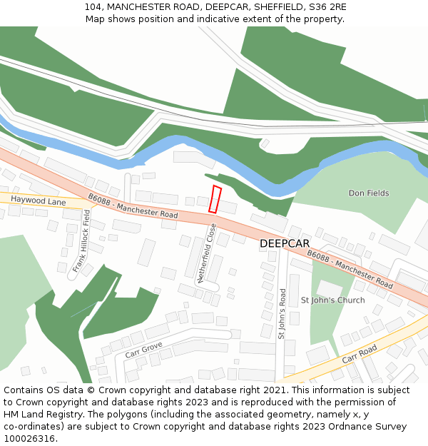 104, MANCHESTER ROAD, DEEPCAR, SHEFFIELD, S36 2RE: Location map and indicative extent of plot