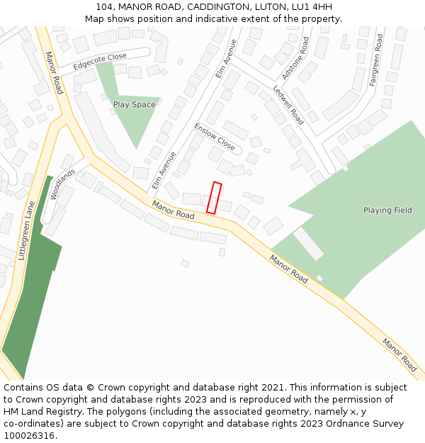 104, MANOR ROAD, CADDINGTON, LUTON, LU1 4HH: Location map and indicative extent of plot