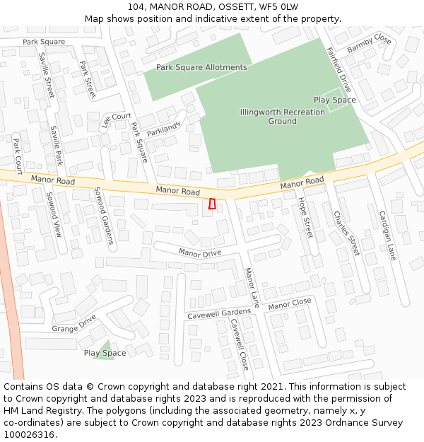 104, MANOR ROAD, OSSETT, WF5 0LW: Location map and indicative extent of plot