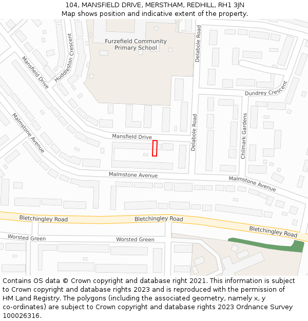 104, MANSFIELD DRIVE, MERSTHAM, REDHILL, RH1 3JN: Location map and indicative extent of plot