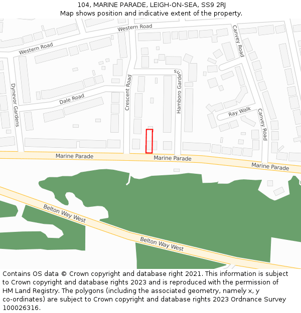 104, MARINE PARADE, LEIGH-ON-SEA, SS9 2RJ: Location map and indicative extent of plot