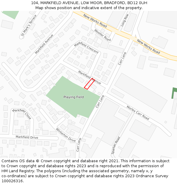 104, MARKFIELD AVENUE, LOW MOOR, BRADFORD, BD12 0UH: Location map and indicative extent of plot