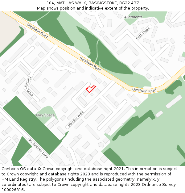 104, MATHIAS WALK, BASINGSTOKE, RG22 4BZ: Location map and indicative extent of plot