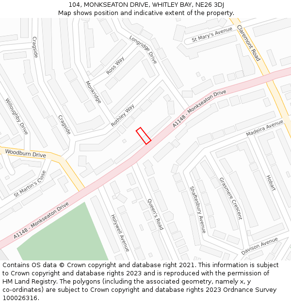 104, MONKSEATON DRIVE, WHITLEY BAY, NE26 3DJ: Location map and indicative extent of plot