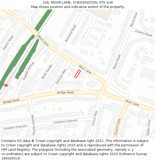 104, MOOR LANE, CHESSINGTON, KT9 1HX: Location map and indicative extent of plot