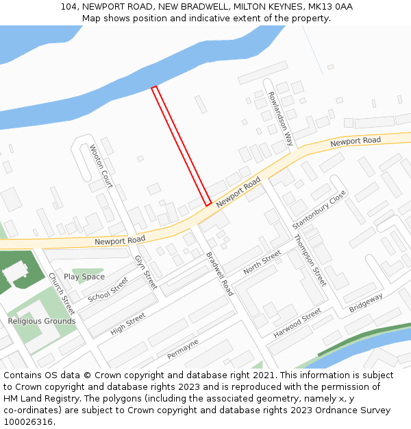 104, NEWPORT ROAD, NEW BRADWELL, MILTON KEYNES, MK13 0AA: Location map and indicative extent of plot