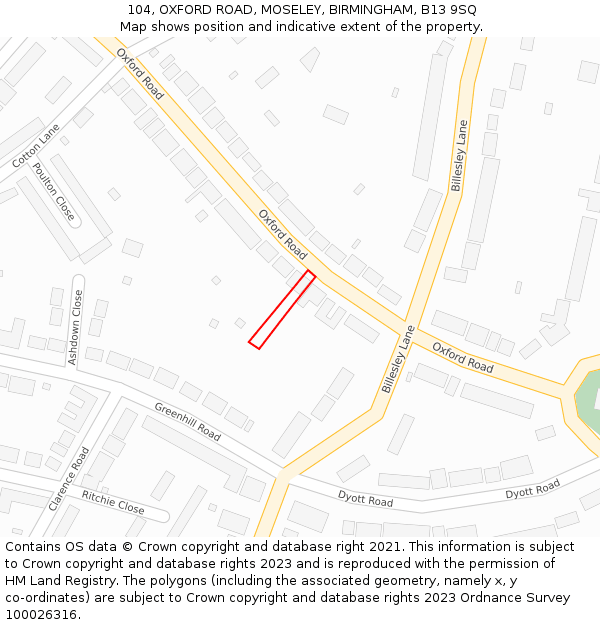 104, OXFORD ROAD, MOSELEY, BIRMINGHAM, B13 9SQ: Location map and indicative extent of plot