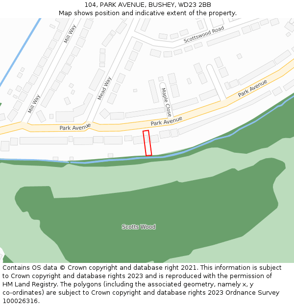 104, PARK AVENUE, BUSHEY, WD23 2BB: Location map and indicative extent of plot