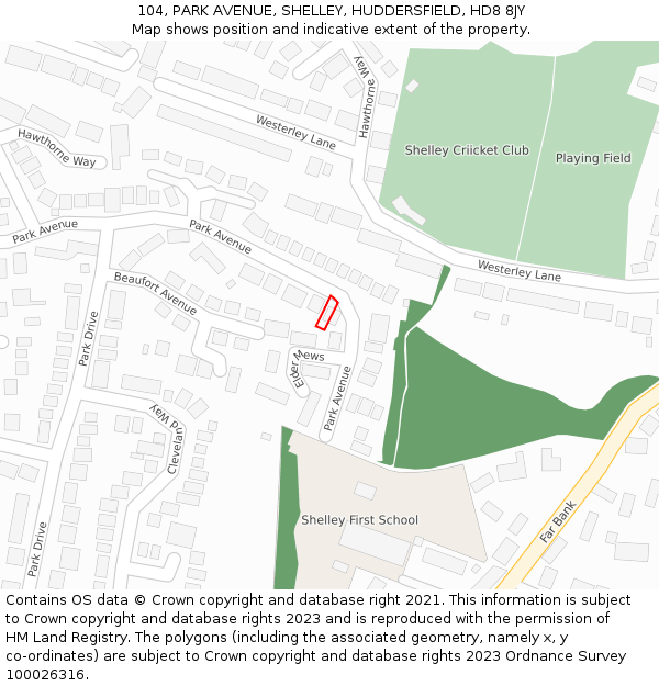 104, PARK AVENUE, SHELLEY, HUDDERSFIELD, HD8 8JY: Location map and indicative extent of plot