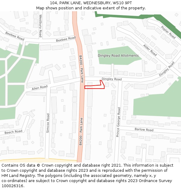 104, PARK LANE, WEDNESBURY, WS10 9PT: Location map and indicative extent of plot