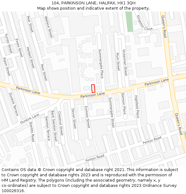 104, PARKINSON LANE, HALIFAX, HX1 3QH: Location map and indicative extent of plot