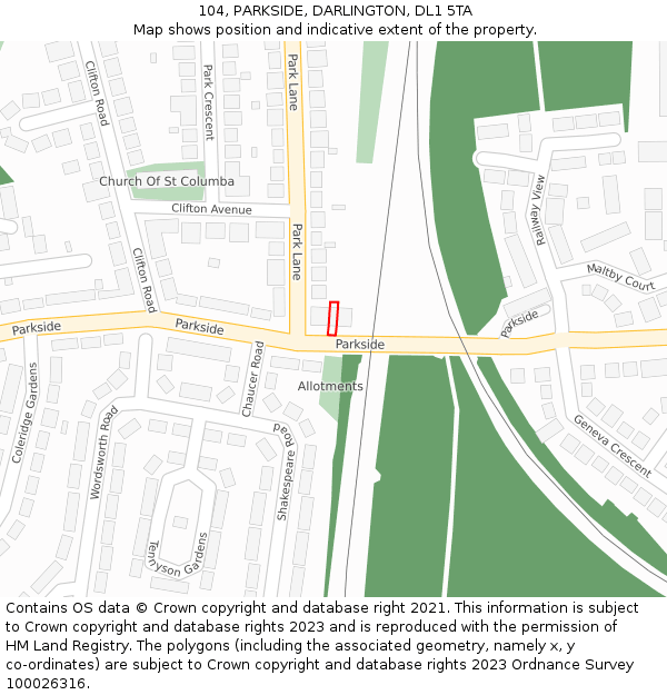 104, PARKSIDE, DARLINGTON, DL1 5TA: Location map and indicative extent of plot