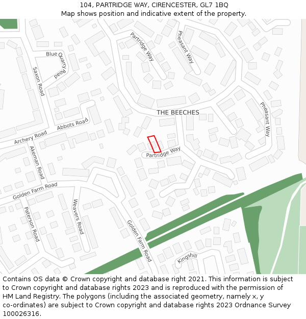 104, PARTRIDGE WAY, CIRENCESTER, GL7 1BQ: Location map and indicative extent of plot