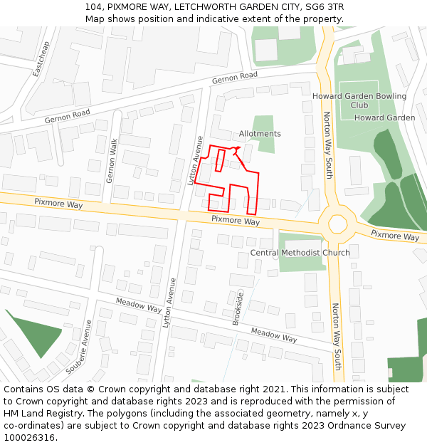 104, PIXMORE WAY, LETCHWORTH GARDEN CITY, SG6 3TR: Location map and indicative extent of plot