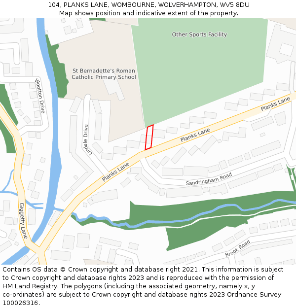 104, PLANKS LANE, WOMBOURNE, WOLVERHAMPTON, WV5 8DU: Location map and indicative extent of plot