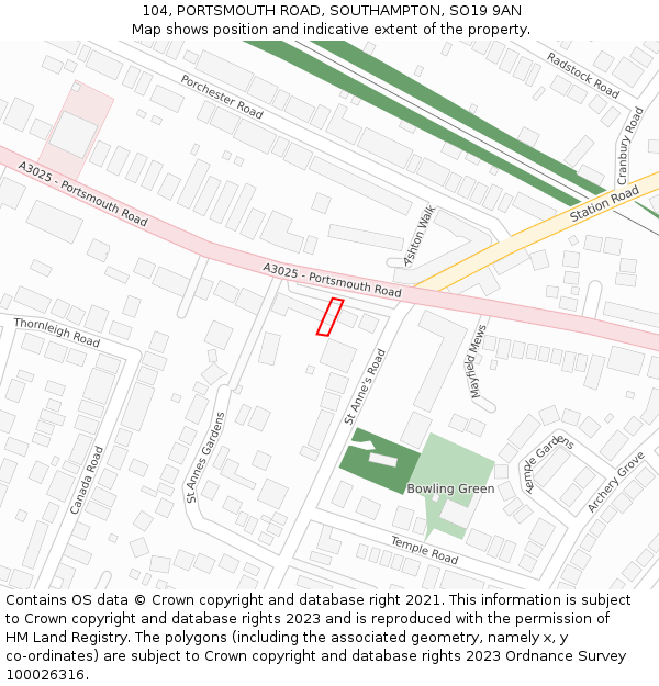 104, PORTSMOUTH ROAD, SOUTHAMPTON, SO19 9AN: Location map and indicative extent of plot