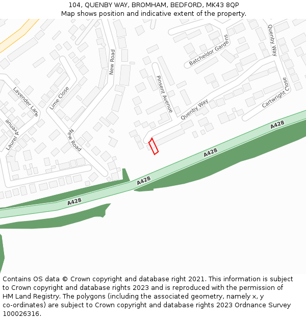 104, QUENBY WAY, BROMHAM, BEDFORD, MK43 8QP: Location map and indicative extent of plot