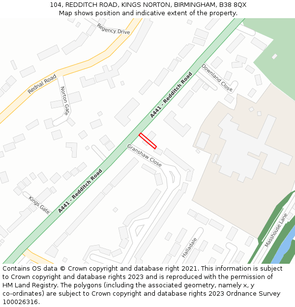 104, REDDITCH ROAD, KINGS NORTON, BIRMINGHAM, B38 8QX: Location map and indicative extent of plot