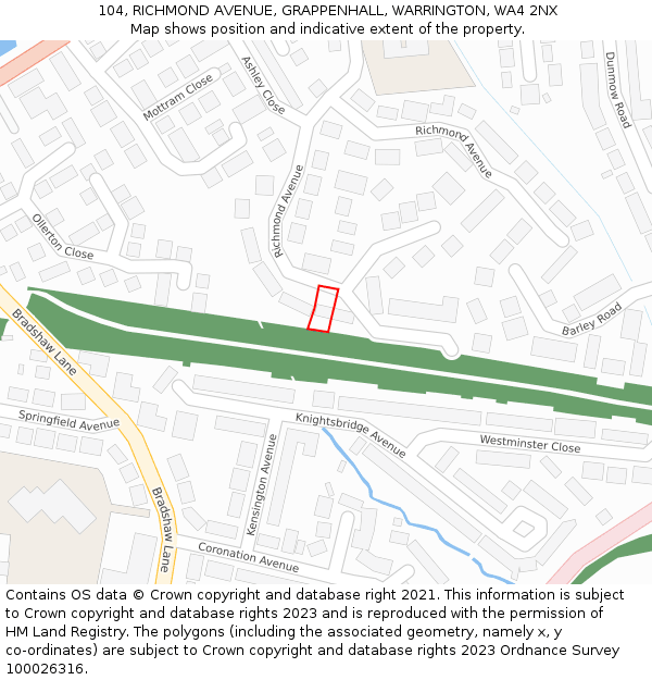 104, RICHMOND AVENUE, GRAPPENHALL, WARRINGTON, WA4 2NX: Location map and indicative extent of plot