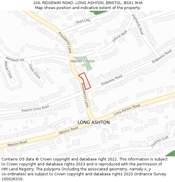 104, RIDGEWAY ROAD, LONG ASHTON, BRISTOL, BS41 9HA: Location map and indicative extent of plot