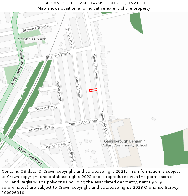 104, SANDSFIELD LANE, GAINSBOROUGH, DN21 1DD: Location map and indicative extent of plot