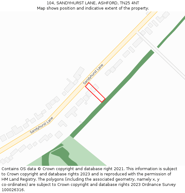 104, SANDYHURST LANE, ASHFORD, TN25 4NT: Location map and indicative extent of plot