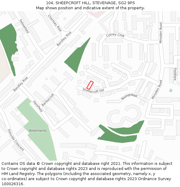 104, SHEEPCROFT HILL, STEVENAGE, SG2 9PS: Location map and indicative extent of plot