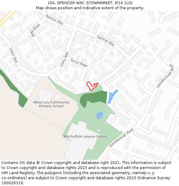 104, SPENCER WAY, STOWMARKET, IP14 1UQ: Location map and indicative extent of plot