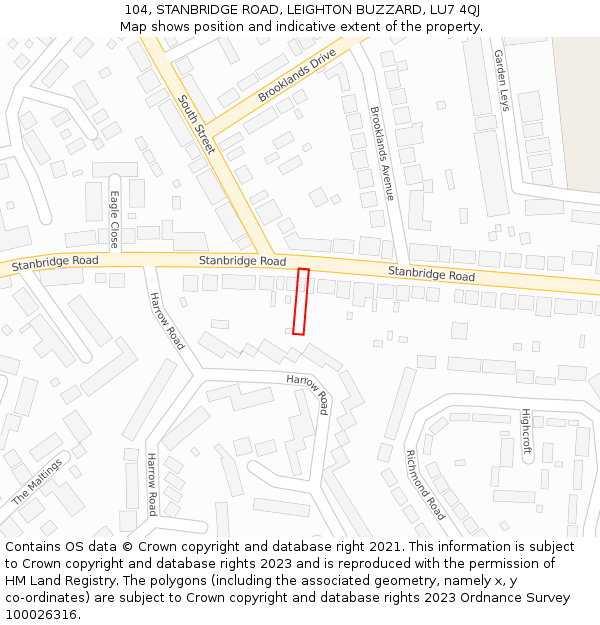 104, STANBRIDGE ROAD, LEIGHTON BUZZARD, LU7 4QJ: Location map and indicative extent of plot