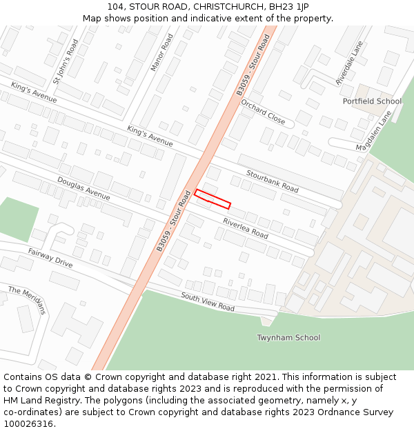 104, STOUR ROAD, CHRISTCHURCH, BH23 1JP: Location map and indicative extent of plot