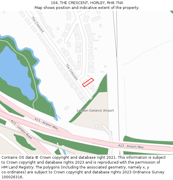 104, THE CRESCENT, HORLEY, RH6 7NX: Location map and indicative extent of plot