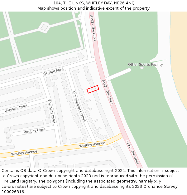 104, THE LINKS, WHITLEY BAY, NE26 4NQ: Location map and indicative extent of plot