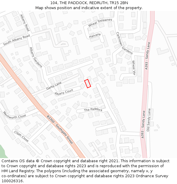 104, THE PADDOCK, REDRUTH, TR15 2BN: Location map and indicative extent of plot