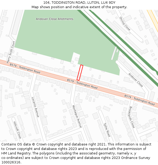 104, TODDINGTON ROAD, LUTON, LU4 9DY: Location map and indicative extent of plot