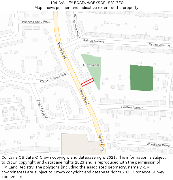 104, VALLEY ROAD, WORKSOP, S81 7EQ: Location map and indicative extent of plot