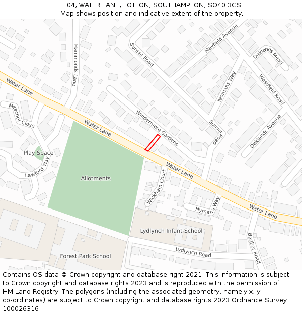 104, WATER LANE, TOTTON, SOUTHAMPTON, SO40 3GS: Location map and indicative extent of plot