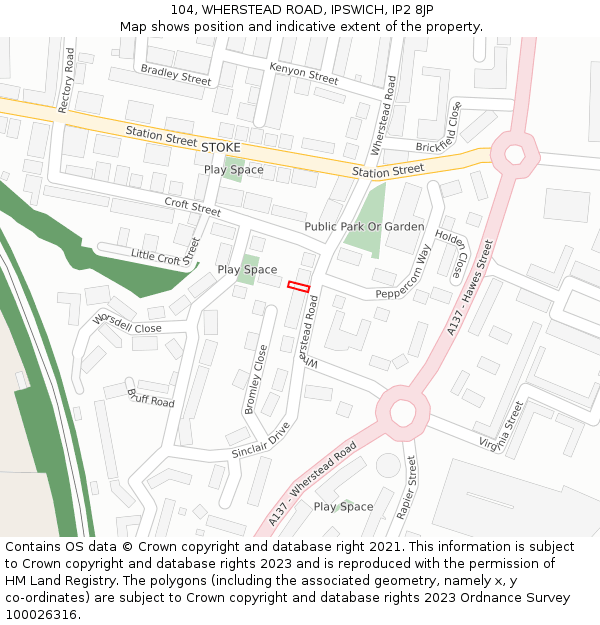 104, WHERSTEAD ROAD, IPSWICH, IP2 8JP: Location map and indicative extent of plot