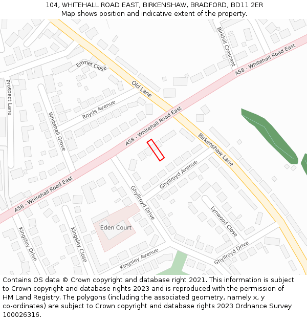 104, WHITEHALL ROAD EAST, BIRKENSHAW, BRADFORD, BD11 2ER: Location map and indicative extent of plot